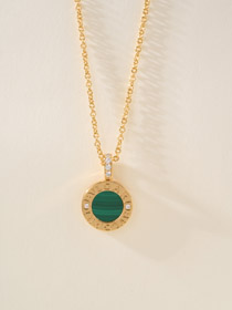 Bulgari double-sided green letter engraving vintage diamond coin necklace-0485